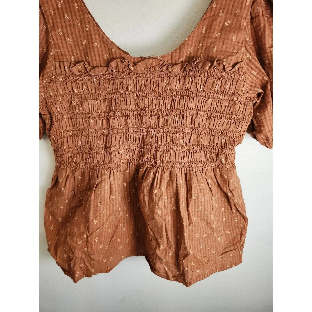 Madewell Brown‎ Smocked Puff Sleeve Peplum Top Size 6 Cottagecore Boho